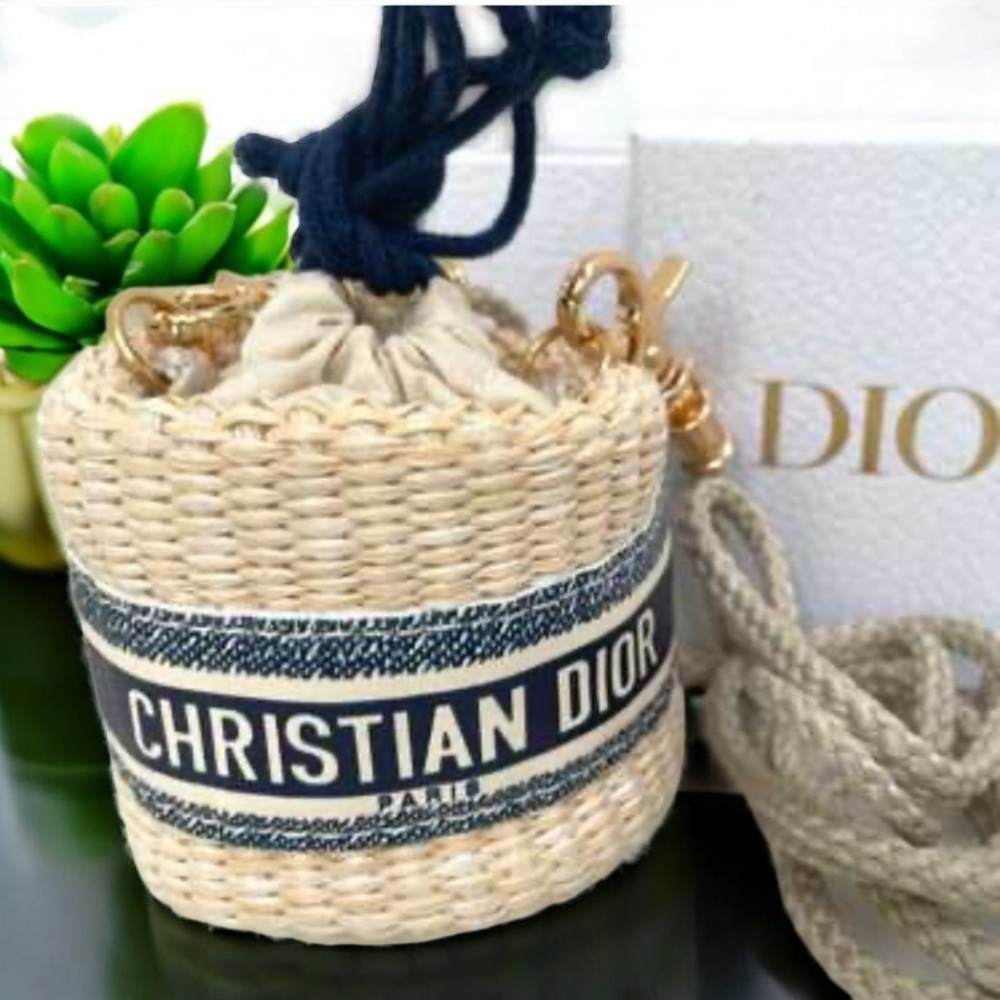 New with Box Christian Dior Small Bucket Raffia Crossbody